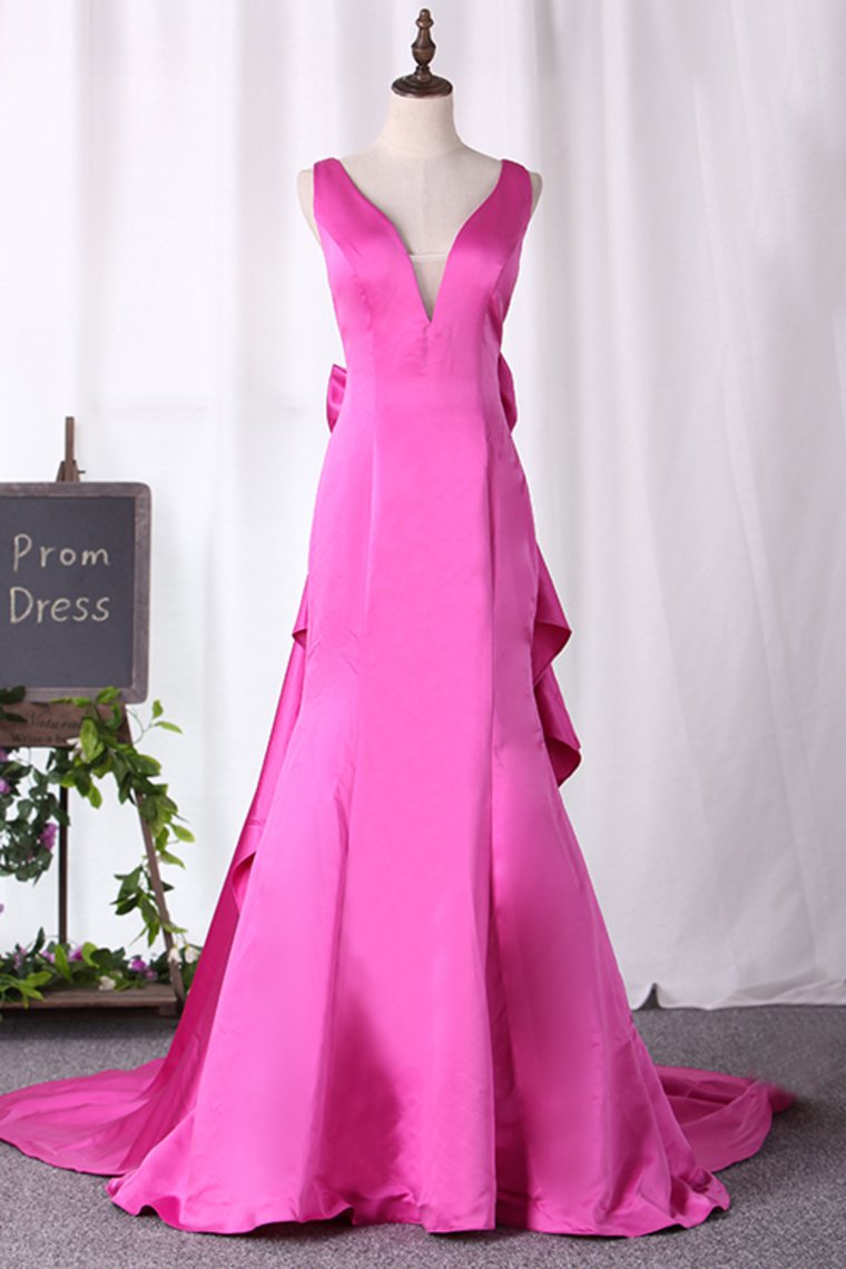 New Arrival V Neck Satin With Bow Knot Mermaid Prom Dresses Sexy Party Dresses