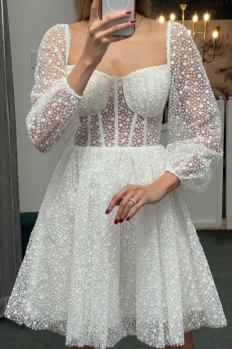 New Elegant Short Long Sleeves Sweetheart Cocktail Dress Pleats Tulle Homecoming Dress Short