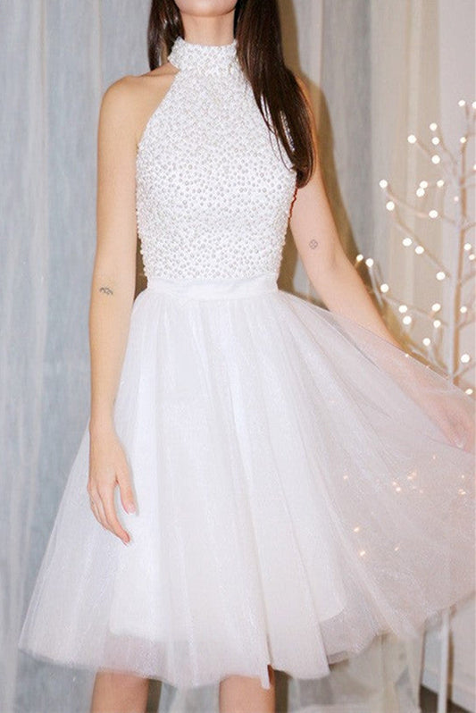 New Homecoming Dresses Scoop Short/Mini Tulle With Beading Short White