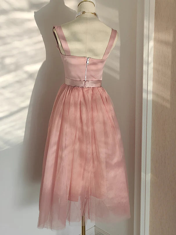 Pink Tea Length Sweetheart Tulle Party Dresses Wedding Party Dresses Formal Dress Homecoming Dress Without Neck accessories