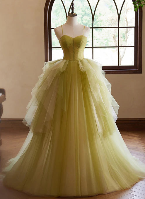 Green Sweetheart Straps Tulle Long Party Dress Prom Dress A Line december wedding guest dress