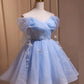 A-Line Off Shoulder Tulle Short Prom Dress Sky blue