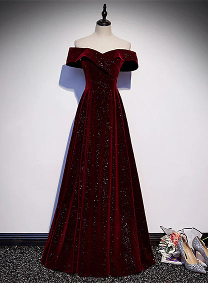 Off Shoulder Wine Red Velvet Long Party Dress A-line Evening Dress Formal Dress december wedding guest dress