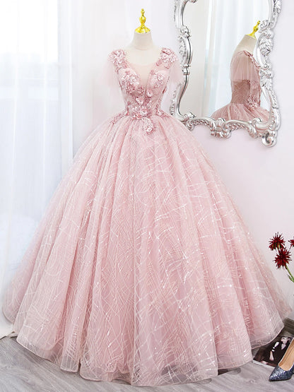 A-Line Tulle Lace Applique Long Prom Dress Pink