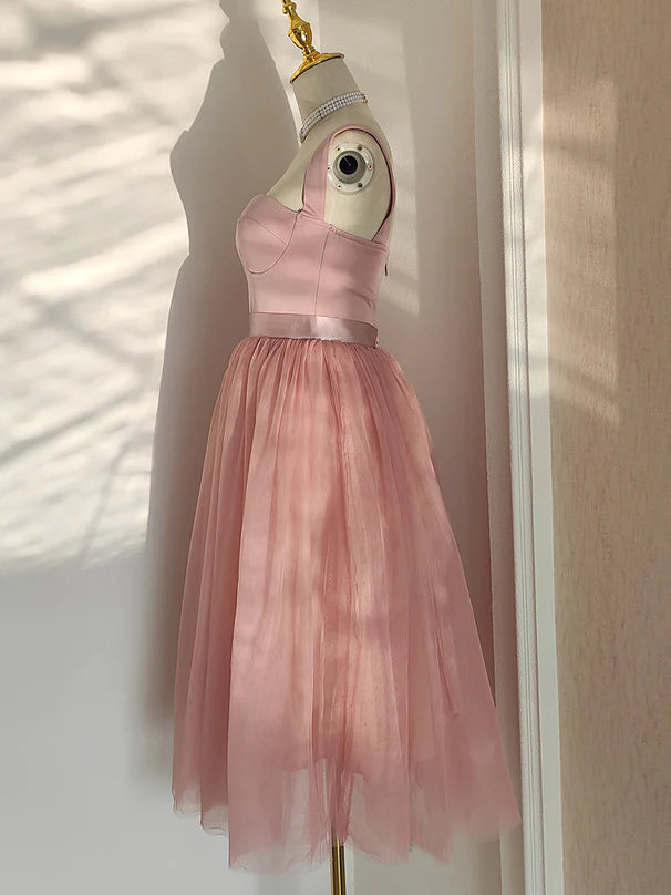 Pink Tea Length Sweetheart Tulle Party Dresses Wedding Party Dresses Formal Dress Homecoming Dress Without Neck accessories