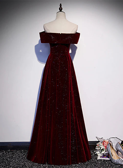 Off Shoulder Wine Red Velvet Long Party Dress A-line Evening Dress Formal Dress december wedding guest dress