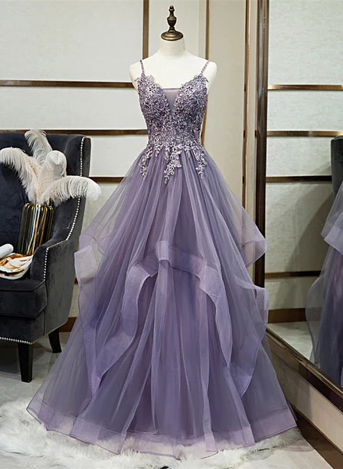 Purple Tulle Layers Long Formal Gown Lace Applique Party Dress A Line Floor Length Prom Dress