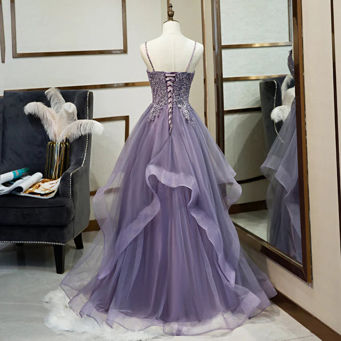 Purple Tulle Layers Long Formal Gown Lace Applique Party Dress A Line Floor Length Prom Dress