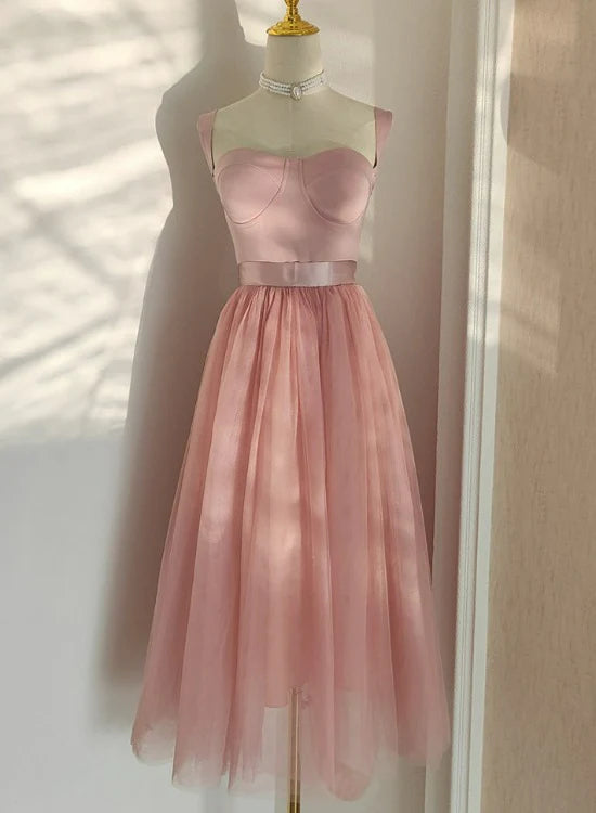 Pink Tea Length Sweetheart Tulle Party Dresses Wedding Party Dresses Formal Dress Homecoming Dress Without Neck accessories