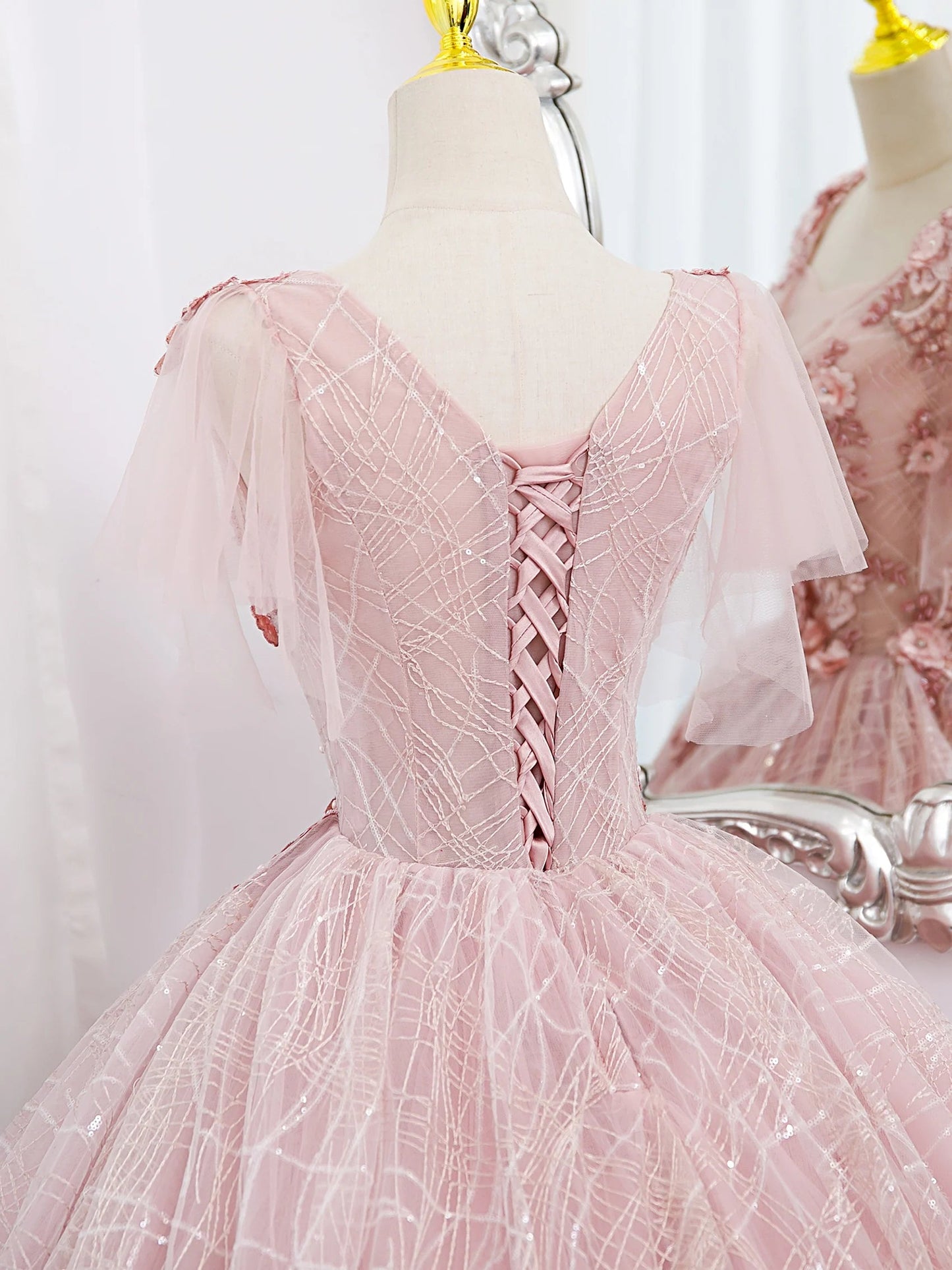 A-Line Tulle Lace Applique Long Prom Dress Pink