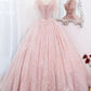 A-Line Tulle Lace Applique Long Prom Dress Pink