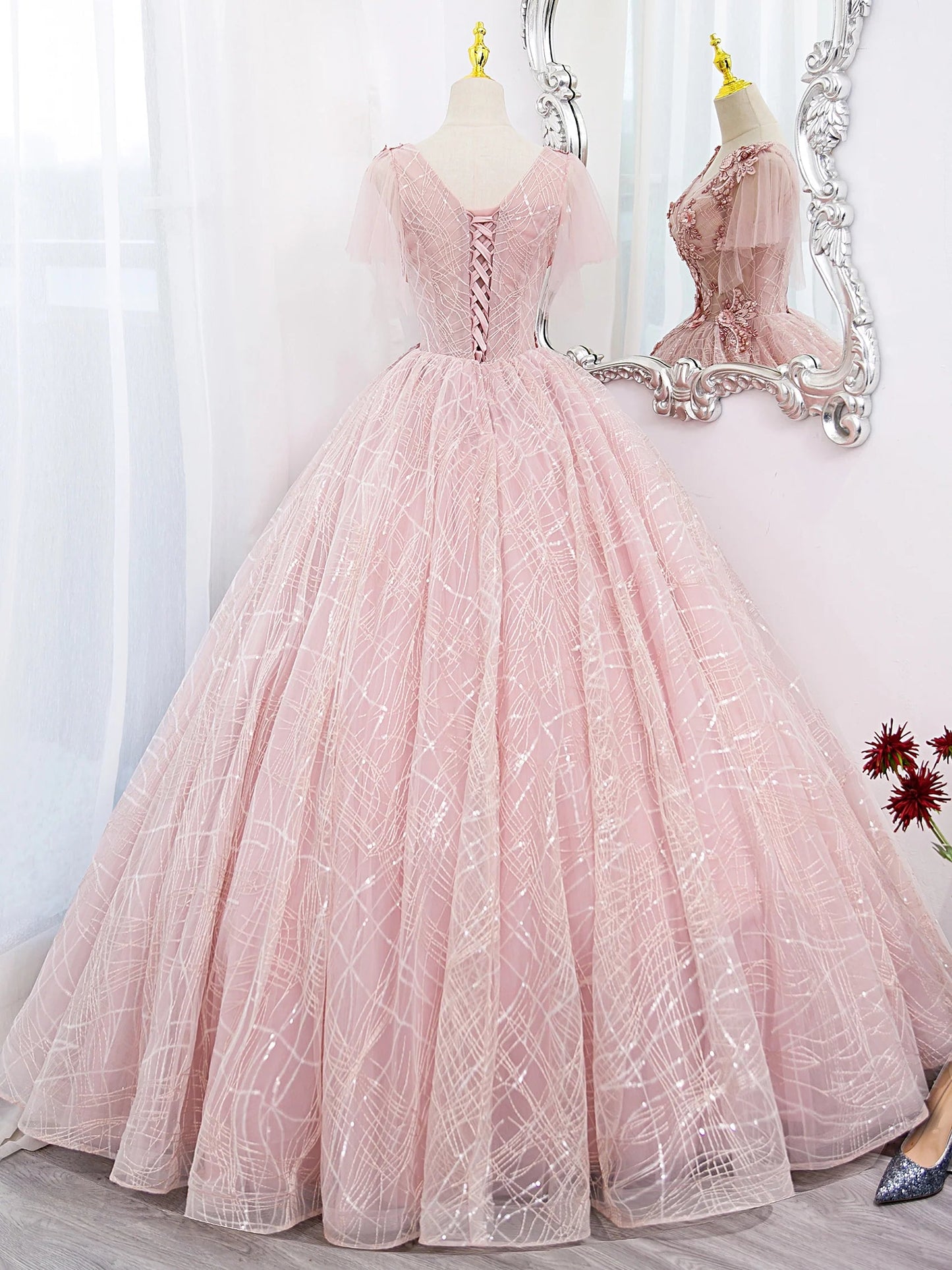 A-Line Tulle Lace Applique Long Prom Dress Pink