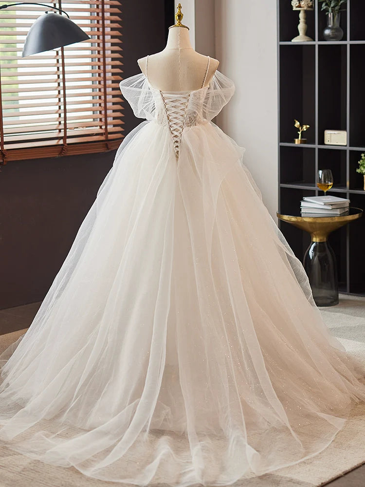 A-Line Sweetheart Neck Lace Tulle Long Prom Dress Pure Color