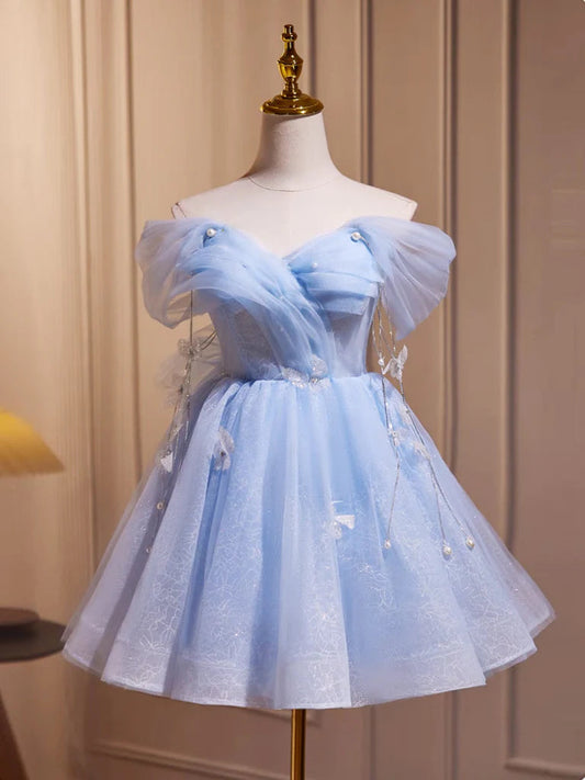 A-Line Off Shoulder Tulle Short Prom Dress Sky blue