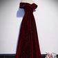 Off Shoulder Wine Red Velvet Long Party Dress A-line Evening Dress Formal Dress december wedding guest dress