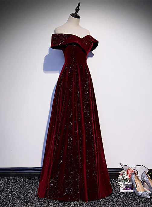 Off Shoulder Wine Red Velvet Long Party Dress A-line Evening Dress Formal Dress december wedding guest dress