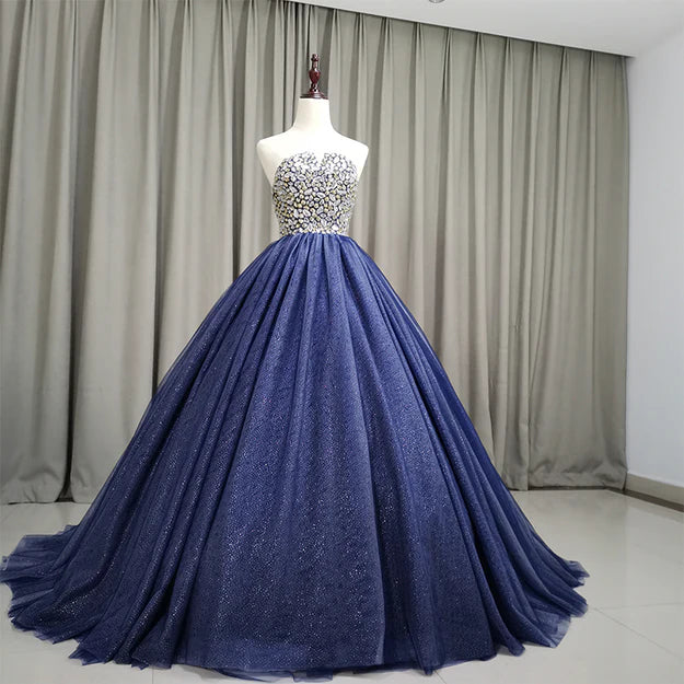 Gorgeous Blue Ball Gown Sweet 16 Party Dress Handmade Formal Gown Off Shoulder Prom Dress