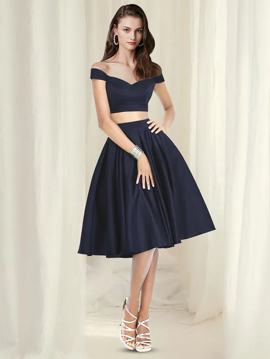 Two Piece A-Line Reformation Amante Minimalist Party Wear Cocktail Party Dress V Neck Sleeveless Knee Length Satin