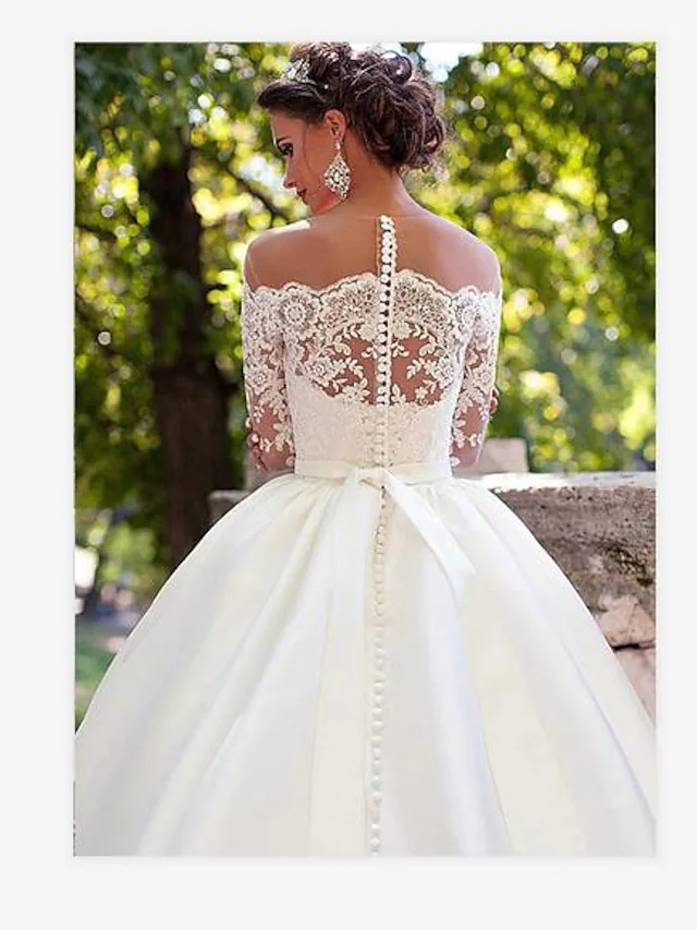 A-Line Wedding Dresses Off Shoulder Court Train Lace Long Sleeve Country Illusion Sleeve Beautiful