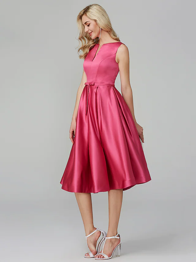 A-Line Minimalist Elegant Cocktail Party Prom Valentine's Day Dress V Wire Sleeveless Knee Length Satin with Sash