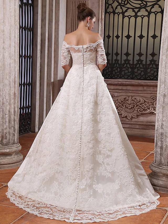 Ball Gown Wedding Dresses Scalloped-Edge Off Shoulder Court Train Satin Half
