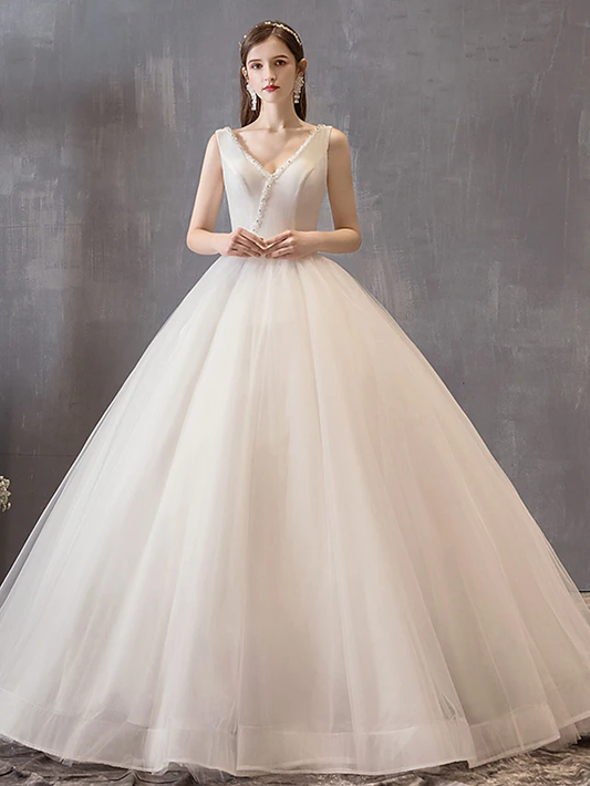 Princess Ball Gown Wedding Dresses V Neck Floor Length Satin Tulle Sleeveless Formal Luxurious with Bow(s)
