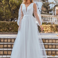 A-Line Wedding Dresses V Neck Floor Length Lace Tulle Sleeveless Romantic with Pleats Beautiful