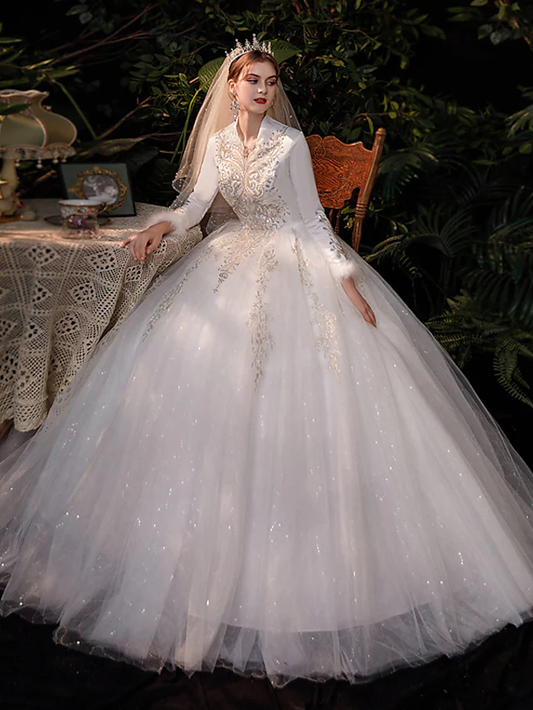 Princess Ball Gown Wedding Dresses V Neck Floor Length Lace Tulle Long Sleeve Romantic Sparkle & Shine
