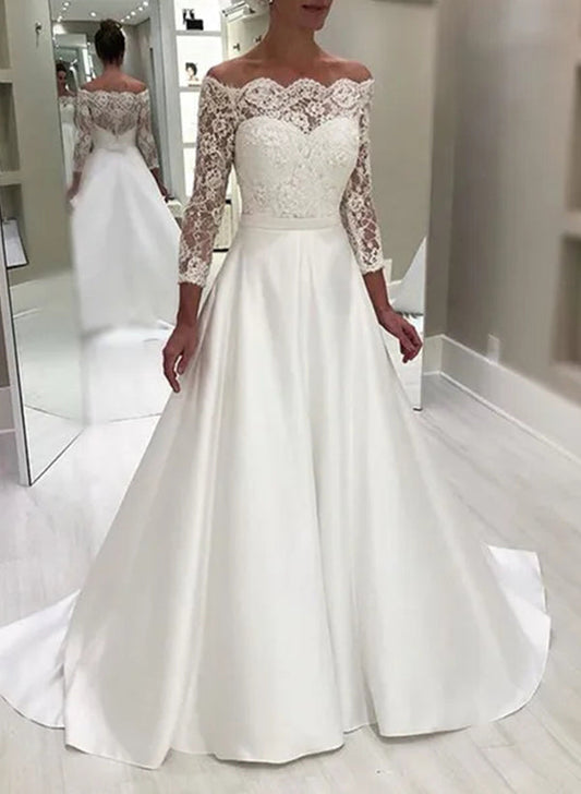 A-Line/Princess Off-The-Shoulder Floor-Length Lace Wedding Dress Beautiful