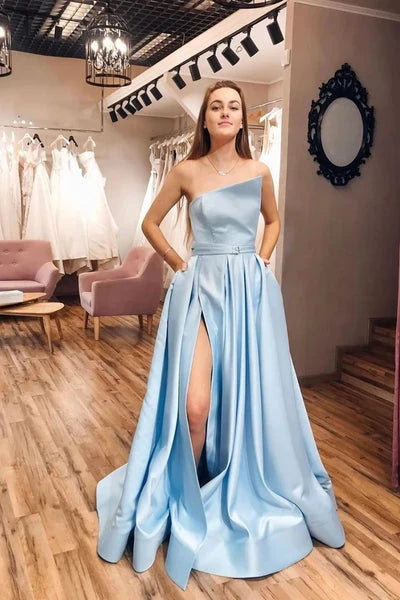 Sky Blue Prom Dresses Off Shoulder Sheath Floor Length With Slit A Line Floor Length Elegant Evening Dress