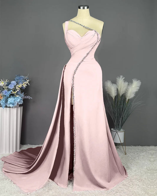 Sheath/Column One-Shoulder Floor-Length Long Formal Prom Dresses With Slit Pleated Beadings Sexy