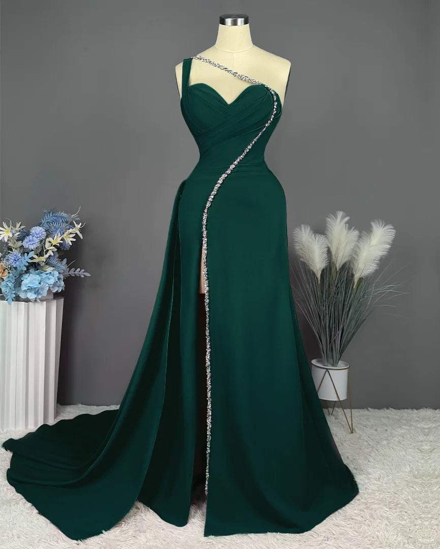 Sheath/Column One-Shoulder Floor-Length Long Formal Prom Dresses With Slit Pleated Beadings Sexy