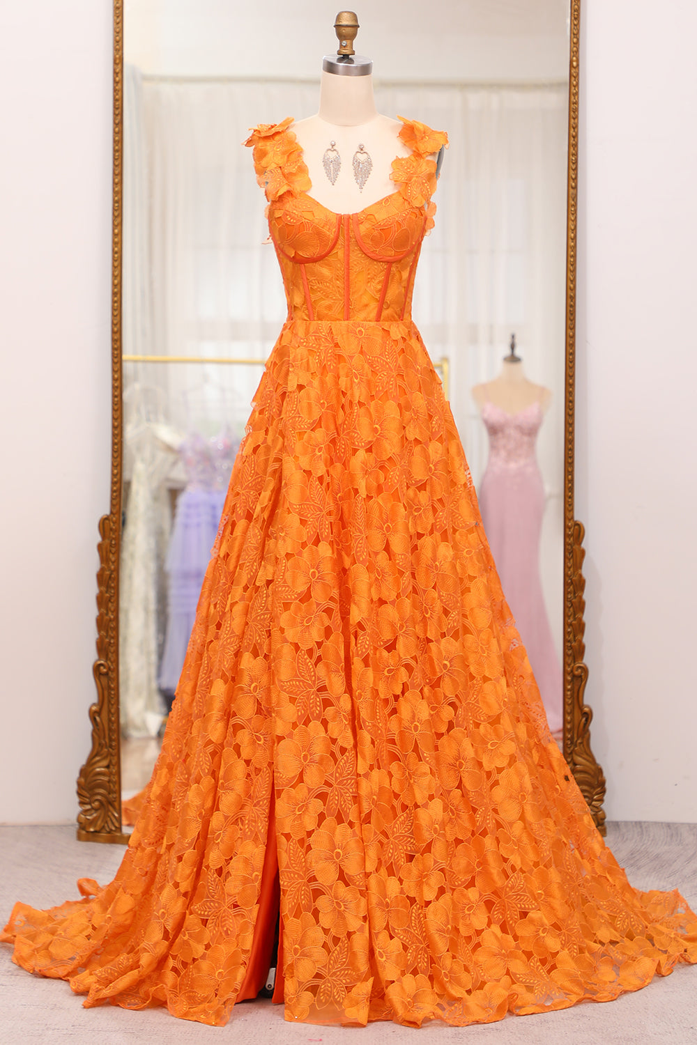 Orange A-Line Spaghetti Straps Applique Corset Long Prom Dress With Slit Floor Length With Flowers