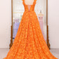 Orange A-Line Spaghetti Straps Applique Corset Long Prom Dress With Slit Floor Length With Flowers