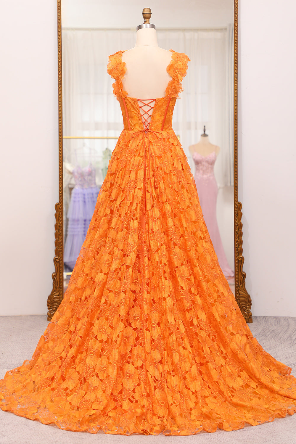 Orange A-Line Spaghetti Straps Applique Corset Long Prom Dress With Slit Floor Length With Flowers