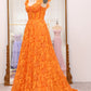 Orange A-Line Spaghetti Straps Applique Corset Long Prom Dress With Slit Floor Length With Flowers