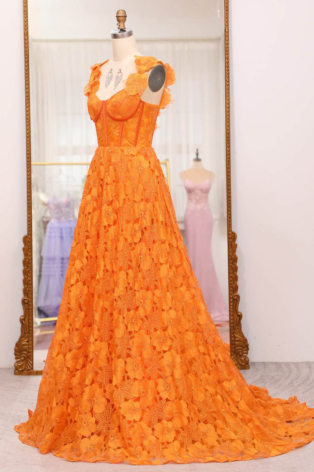 Orange A-Line Spaghetti Straps Applique Corset Long Prom Dress With Slit Floor Length With Flowers