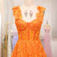 Orange A-Line Spaghetti Straps Applique Corset Long Prom Dress With Slit Floor Length With Flowers