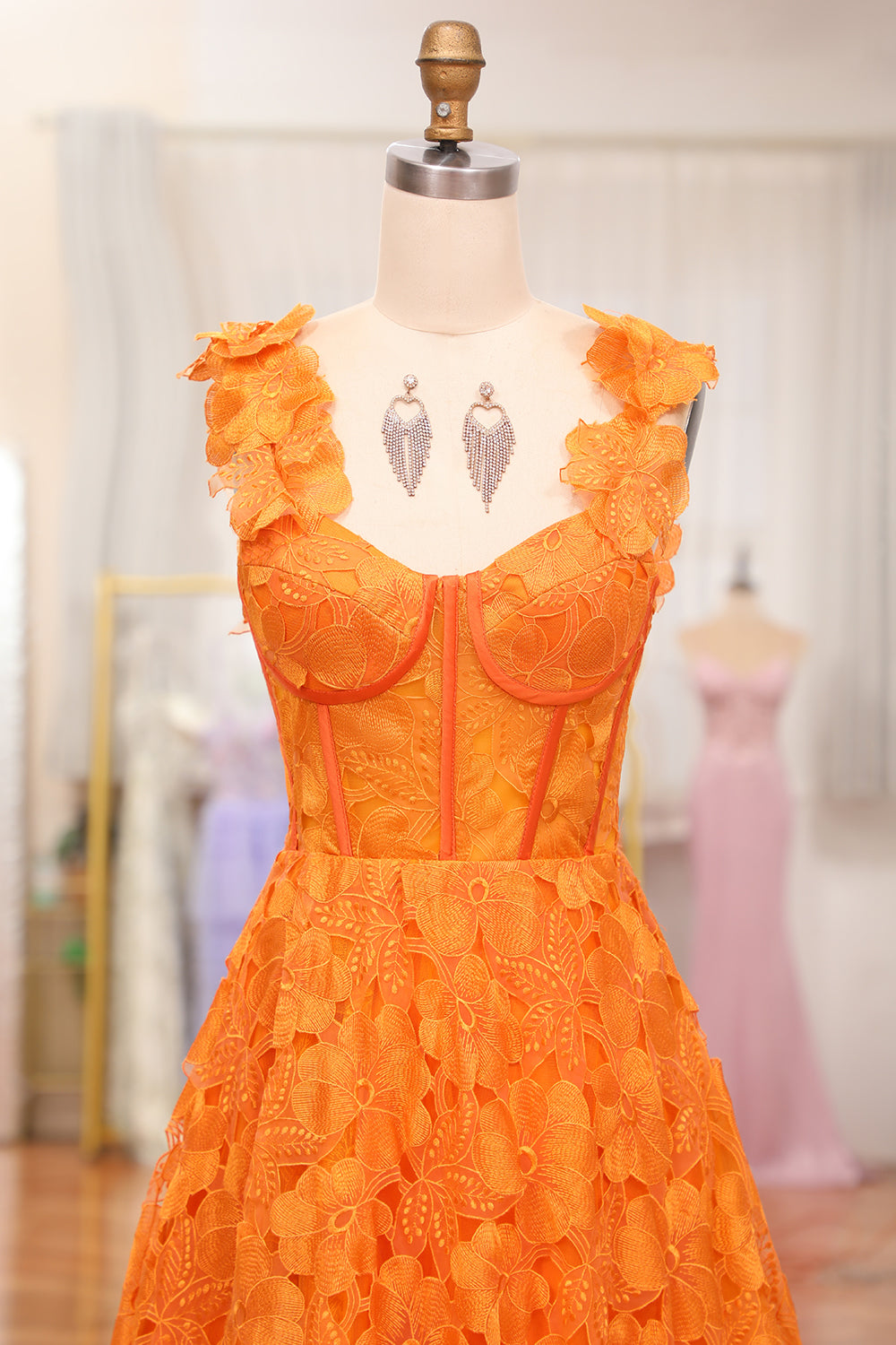 Orange A-Line Spaghetti Straps Applique Corset Long Prom Dress With Slit Floor Length With Flowers