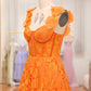 Orange A-Line Spaghetti Straps Applique Corset Long Prom Dress With Slit Floor Length With Flowers