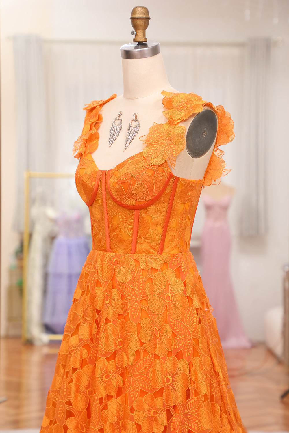 Orange A-Line Spaghetti Straps Applique Corset Long Prom Dress With Slit Floor Length With Flowers