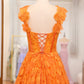 Orange A-Line Spaghetti Straps Applique Corset Long Prom Dress With Slit Floor Length With Flowers