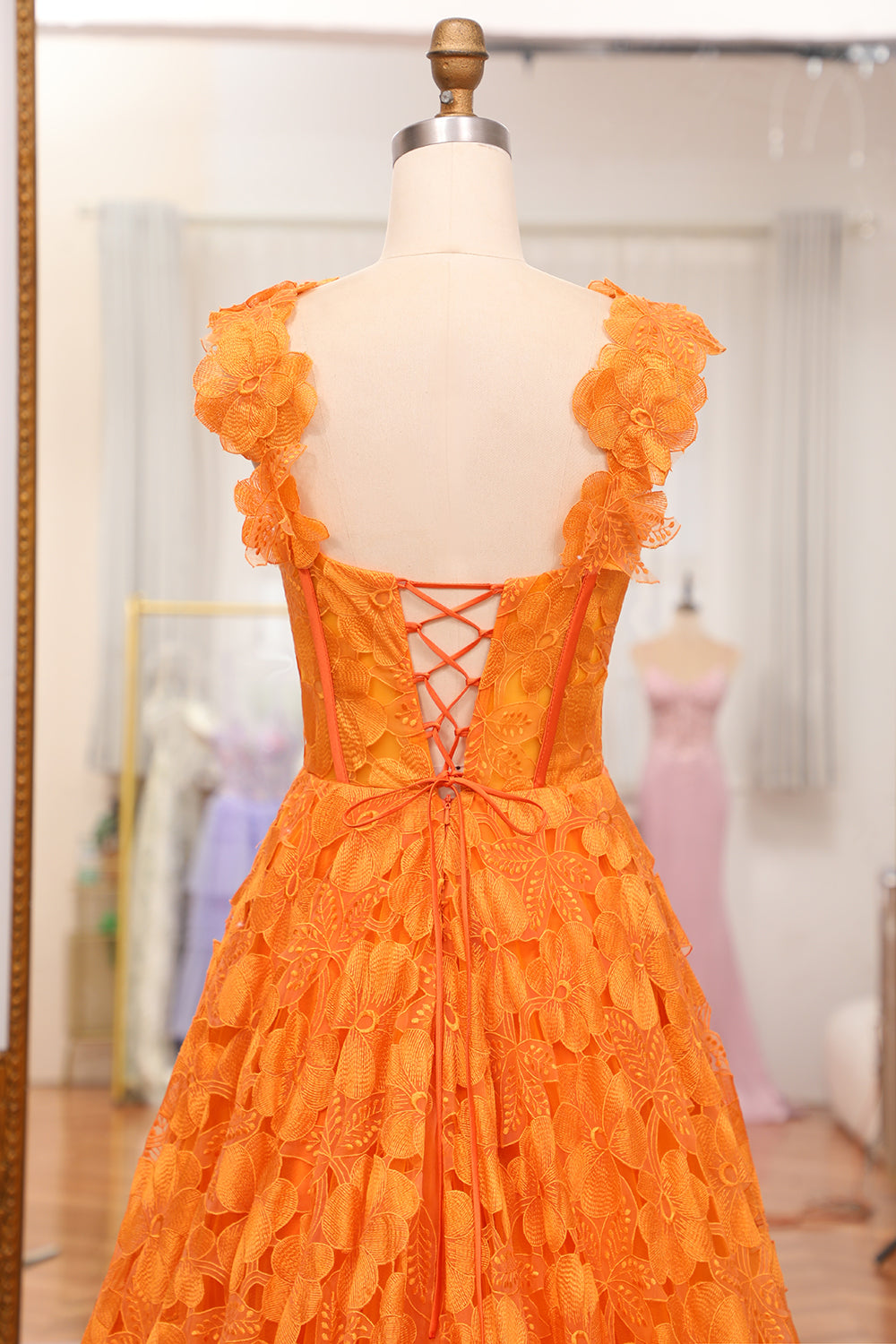 Orange A-Line Spaghetti Straps Applique Corset Long Prom Dress With Slit Floor Length With Flowers