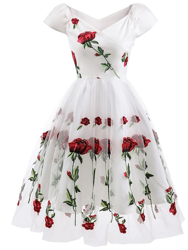 A-Line/Princess Off-The-Shoulder Knee Length Short Sleeves Party Dresses With Embroidery Appliques Beautiful