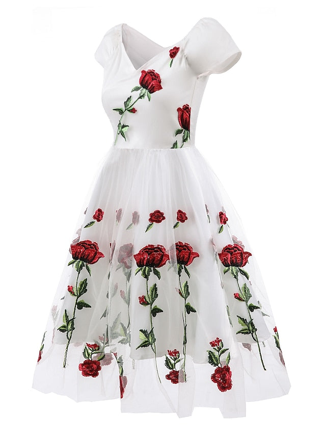 A-Line/Princess Off-The-Shoulder Knee Length Short Sleeves Party Dresses With Embroidery Appliques Beautiful