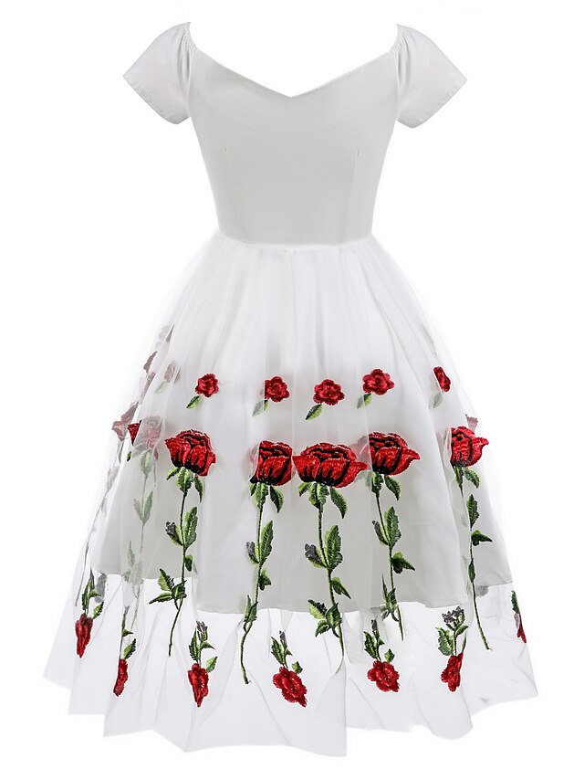 A-Line/Princess Off-The-Shoulder Knee Length Short Sleeves Party Dresses With Embroidery Appliques Beautiful