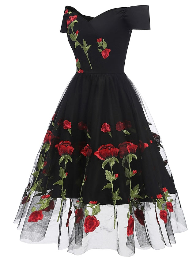 A-Line/Princess Off-The-Shoulder Knee Length Short Sleeves Party Dresses With Embroidery Appliques Beautiful