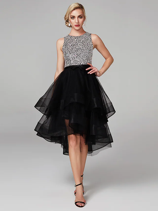 Ball Gown Sparkle & Shine High Low Keyhole Cocktail Party Prom Dress Jewel Neck Sleeveless Knee Length Satin Tulle with Beading Cascading