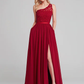 A-Line One Shoulder Long Length Chiffon Lace Bridesmaid Dress with Sash Ribbon Sexy