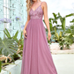 A-Line Spaghetti Strap Floor Length Tulle Sequined Bridesmaid Dress with Tier Sexy